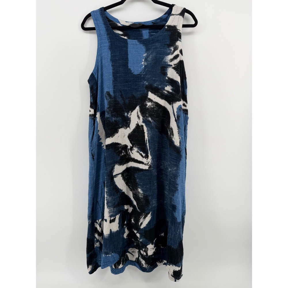 Moyuru Dress Medium Blue Black Abstract Print Sleeveless Lagenlook Artsy Pockets
